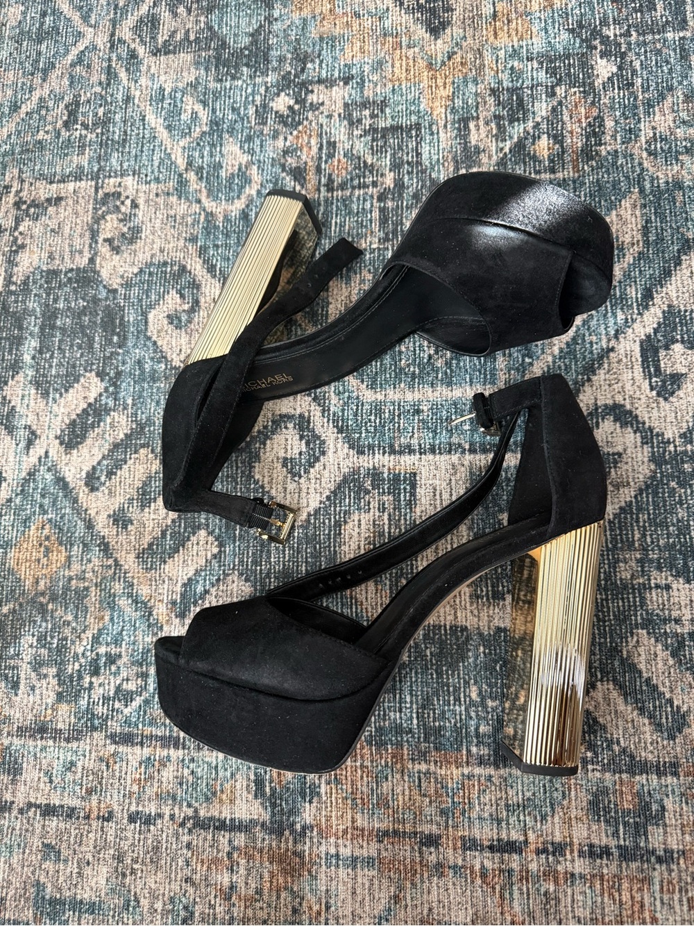 Michael Kors Black Suede Open-Toe Platform Heels with Gold Accents